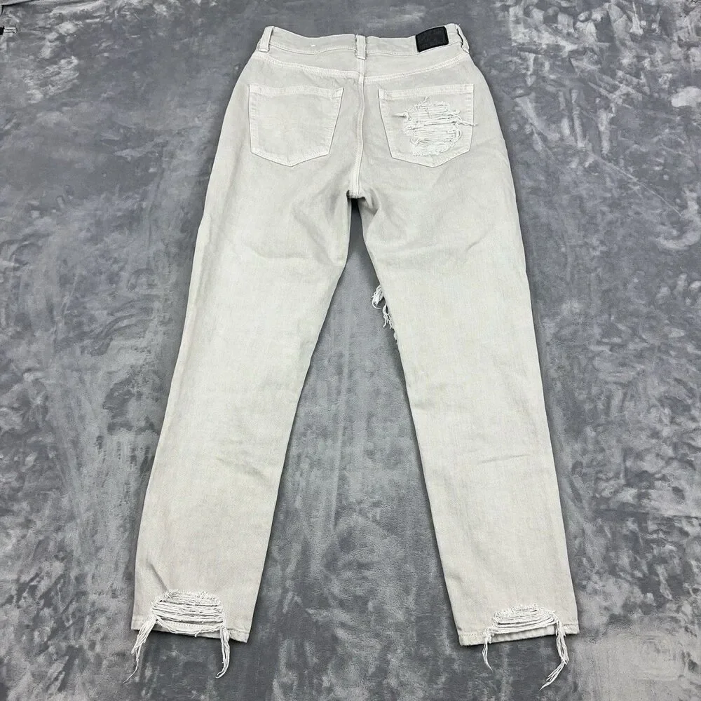 American Eagle Mom Jeans Womens Size 2 Regular Gray Distressed Ripped 5 Pocket